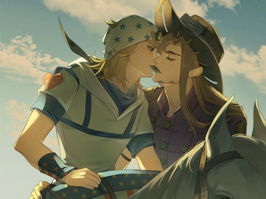 2boys beanie blue_eyes blue_lips blue_sleeves brown_hair brown_hat closed_eyes cloud cloudy_sky commentary_request cowboy_hat goggles goggles_on_headwear green_lips green_theme gyro_zeppeli hat heart_ornament high_collar highres hood hoodie horseshoe_hat_ornament horseshoe_ornament johnny_joestar jojo_no_kimyou_na_bouken kiss long_hair male_focus multiple_boys purple_shirt shirt short_hair short_sleeves sky slow_dancer_(jojo) star_(symbol) star_print steel_ball_run two-tone_sleeves upper_body viola256009 white_hat white_hoodie white_sleeves yaoi