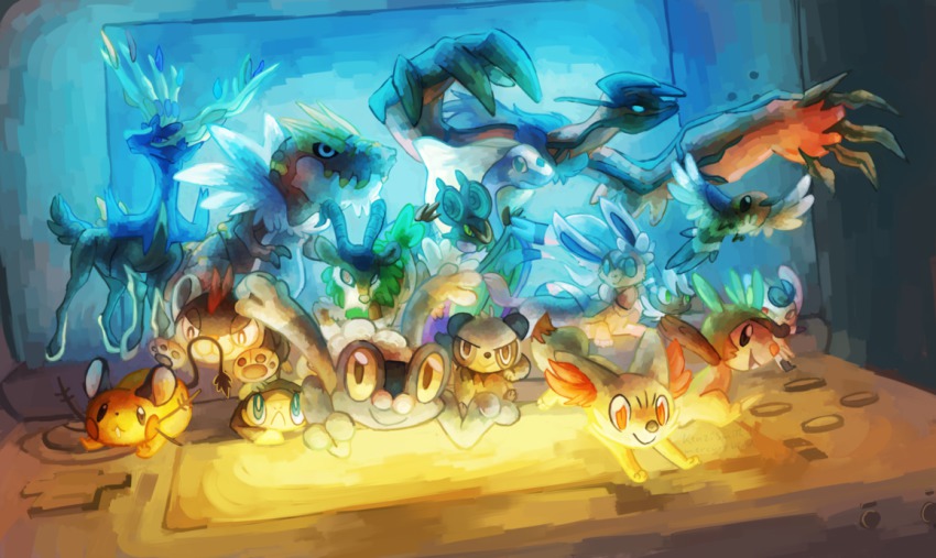 10s chespin fennekin fletchling froakie gen_6_pokemon gogoat handheld_game_console legendary_pokemon nintendo nintendo_3ds no_humans pancham pokemon pokemon_(creature) pokemon_xy sylveon tyrantrum xerneas yveltal