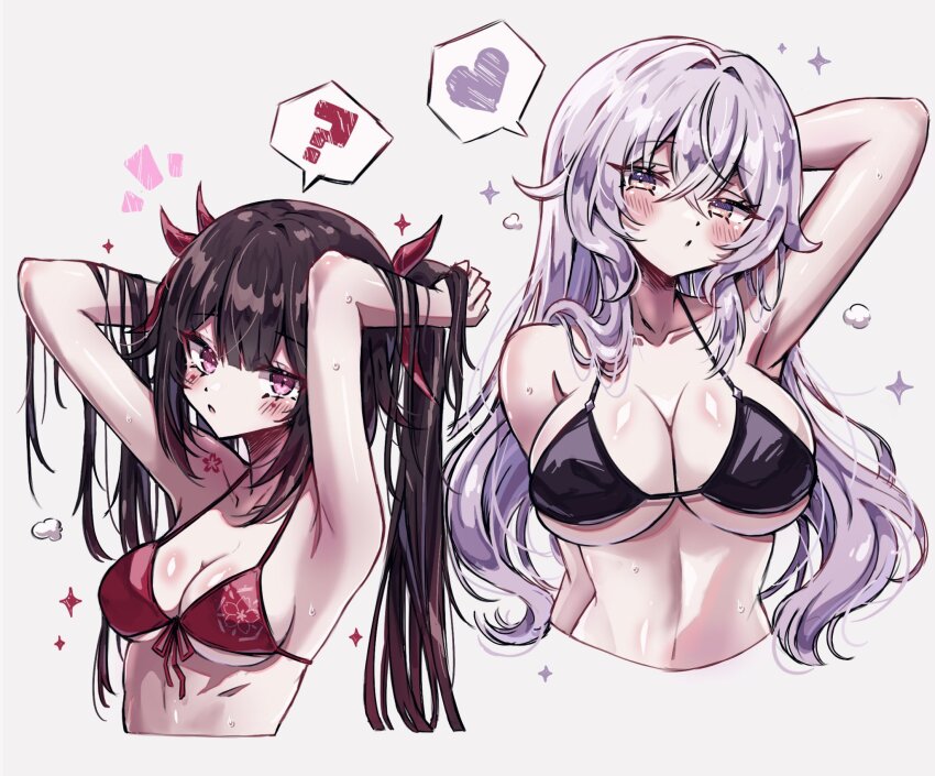 2girls :c ? adjusting_hair arm_behind_back arm_up bikini black_bikini black_swan_(honkai:_star_rail) blush bow breasts brown_hair cleavage collarbone cropped_torso dot_nose front-tie_bikini_top front-tie_top gradient_hair hair_bow hand_in_own_hair heart highres honkai:_star_rail honkai_(series) large_breasts looking_at_viewer medium_breasts multicolored_hair multiple_girls navel open_mouth pink_eyes purple_eyes purple_hair red_bikini red_bow red_hair simple_background sparkle_(honkai:_star_rail) spoken_heart spoken_question_mark stomach string_bikini swimsuit twintails usa_(usagi_minku) white_background