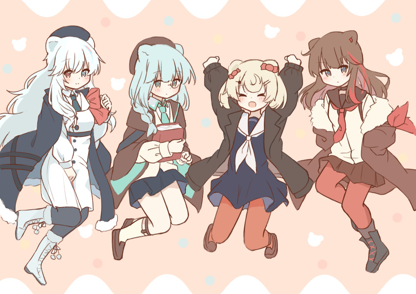 4girls :d ^_^ absurdres animal_ears arknights arms_up bear_ears beret black_coat black_dress black_footwear black_hat black_skirt blonde_hair blue_hair blue_necktie boots braid brown_background brown_eyes brown_footwear brown_hair brown_hat brown_jacket brown_sailor_collar brown_skirt candy_hair_ornament closed_eyes coat coat_on_shoulders dress food-themed_hair_ornament fur-trimmed_coat fur-trimmed_jacket fur_trim grey_hair gummy_(arknights) hair_ornament hair_over_shoulder hat heterochromia highres istina_(arknights) jacket lace-up_boots long_hair long_sleeves monocle multicolored_hair multiple_girls necktie off_shoulder open_clothes open_jacket open_mouth pantyhose pleated_skirt puffy_long_sleeves puffy_sleeves red_hair red_pantyhose rosa_(arknights) ryoku_sui sailor_collar sailor_dress shirt single_braid skirt smile streaked_hair very_long_hair white_sailor_collar white_shirt zima_(arknights)