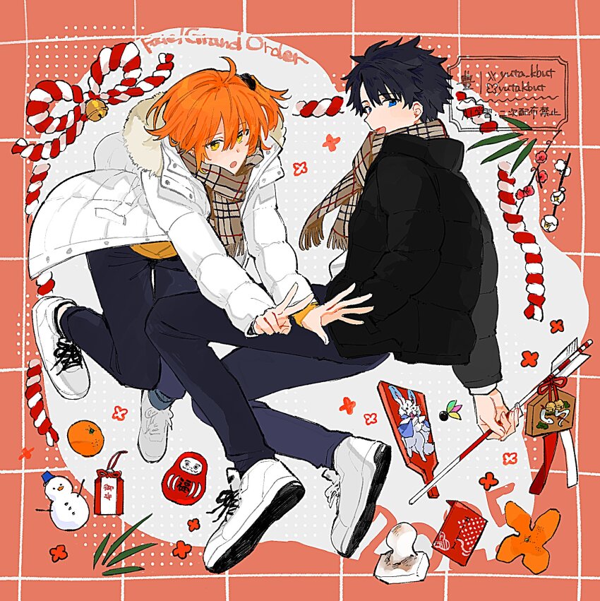 1boy 1girl :o ahoge arrow_(projectile) bell black_coat black_hair black_pants black_scrunchie blue_eyes coat copyright_name daruma_doll ema fate/grand_order fate_(series) flower_symbol food fou_(fate) fruit fujimaru_ritsuka_(female) fujimaru_ritsuka_(female)_(winter_casual) fujimaru_ritsuka_(male) fujimaru_ritsuka_(male)_(winter_casual) full_body fur-trimmed_coat fur_trim hagoita hair_between_eyes hair_ornament hair_scrunchie hamaya highres holding holding_arrow jumping kouhaku_nawa long_sleeves looking_at_viewer omamori one_side_up open_mouth orange_(fruit) orange_hair orange_peel paddle pants plaid_clothes plaid_scarf rope scarf scrunchie shimenawa shirt shoes short_hair smile sneakers snowman twitter_username white_coat white_footwear white_shirt winter_clothes winter_coat yellow_eyes yellow_shirt yuta_kbut