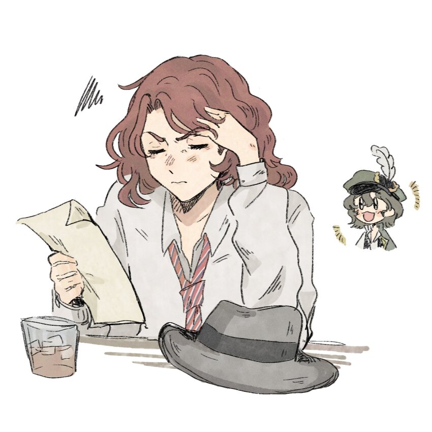 2girls alcohol annoyed brown_hair closed_eyes cup drinking_glass fedora happy hat head_massage highres holding holding_paper hunting_(reverse:1999) ice ice_cube medium_hair mogufuuri multiple_girls necktie paper recoleta_(reverse:1999) reverse:1999 short_hair