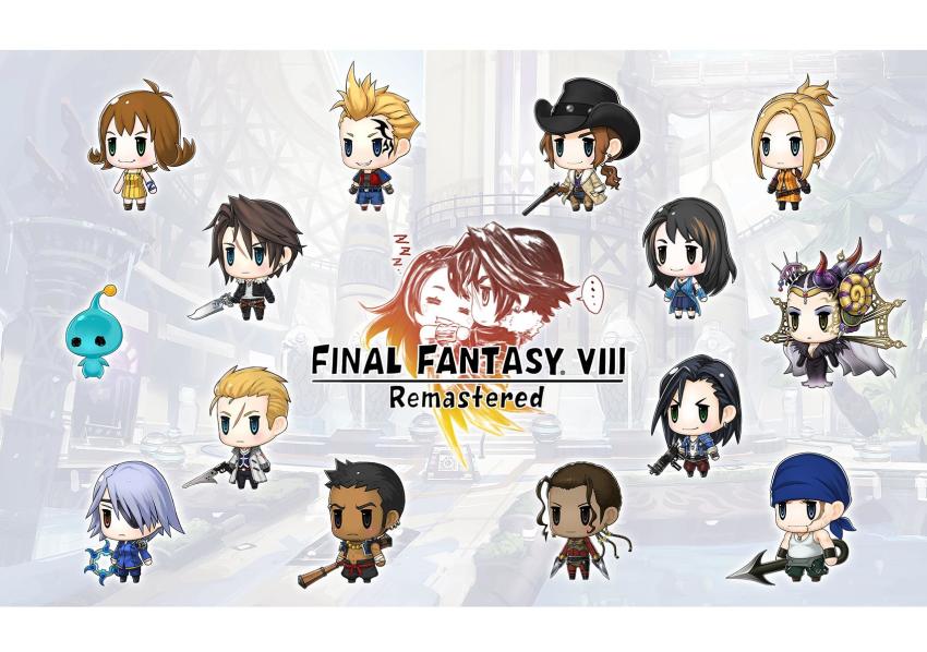... 5girls 6+boys bandana blonde_hair brown_hair chakram chibi copyright_name cowboy_hat drooling edea_kramer everyone closed_eyes final_fantasy final_fantasy_viii fuujin_(ff8) gun gunblade hat highres hug irvine_kinneas izumisawa_yasuhisa kiros_seagill laguna_loire logo_parody multiple_boys multiple_girls official_art pupu_(ff8) quistis_trepe raijin_(ff8) rinoa_heartilly seifer_almasy selphie_tilmitt sleeping smile spoken_ellipsis squall_leonhart staff ward_zabac weapon world_of_final_fantasy zell_dincht