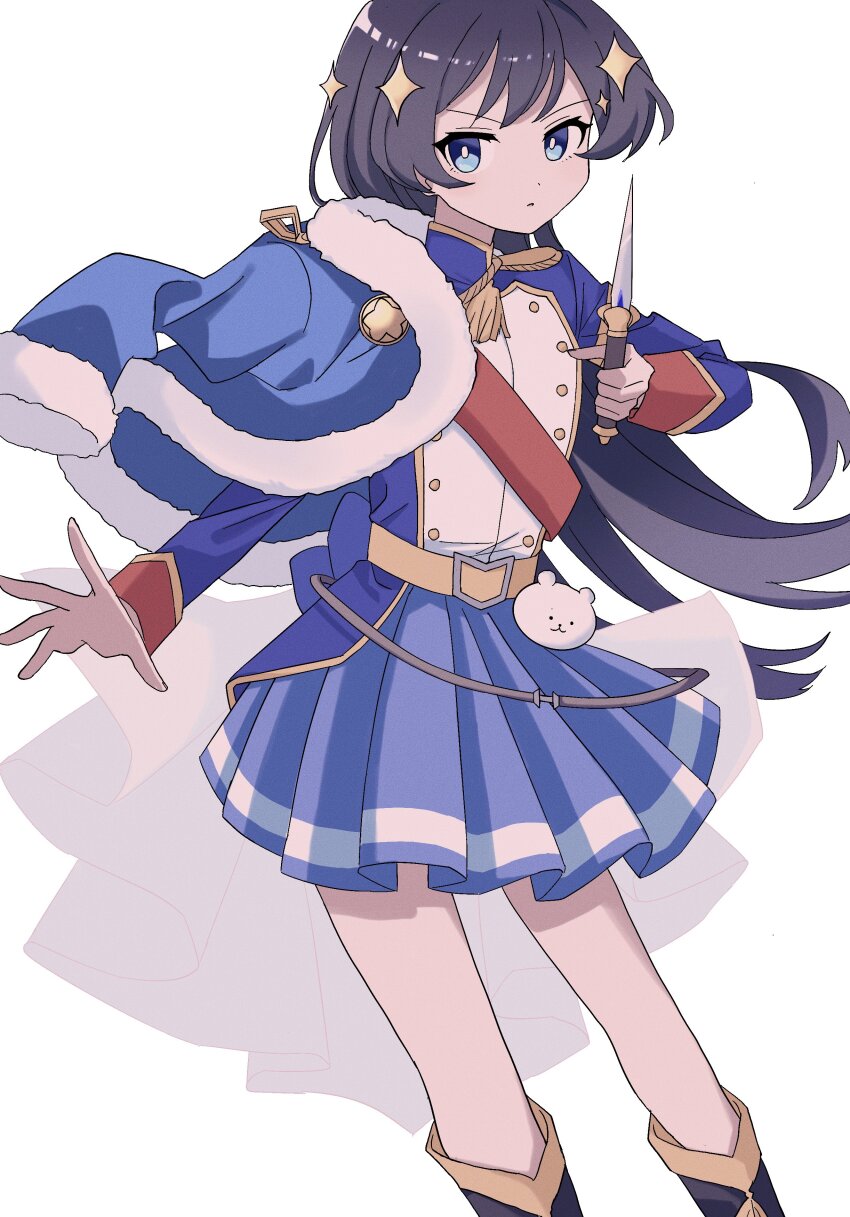 1girl absurdres belt belt_buckle black_boots black_hair blue_eyes blue_jacket blue_skirt boots bright_pupils buckle commentary dagger epaulettes feet_out_of_frame fur-trimmed_jacket fur_trim hair_ornament hairclip hands_up highres holding holding_dagger holding_knife holding_weapon hosikuzu125 jacket jacket_on_shoulders kagura_hikari knife long_hair long_sleeves looking_at_viewer miniskirt parted_lips pleated_skirt shoujo_kageki_revue_starlight simple_background single_stripe skirt solo sparkle_hair_ornament striped_clothes striped_skirt stuffed_animal stuffed_toy tassel teddy_bear v-shaped_eyebrows waist_cape weapon white_background white_pupils yellow_belt