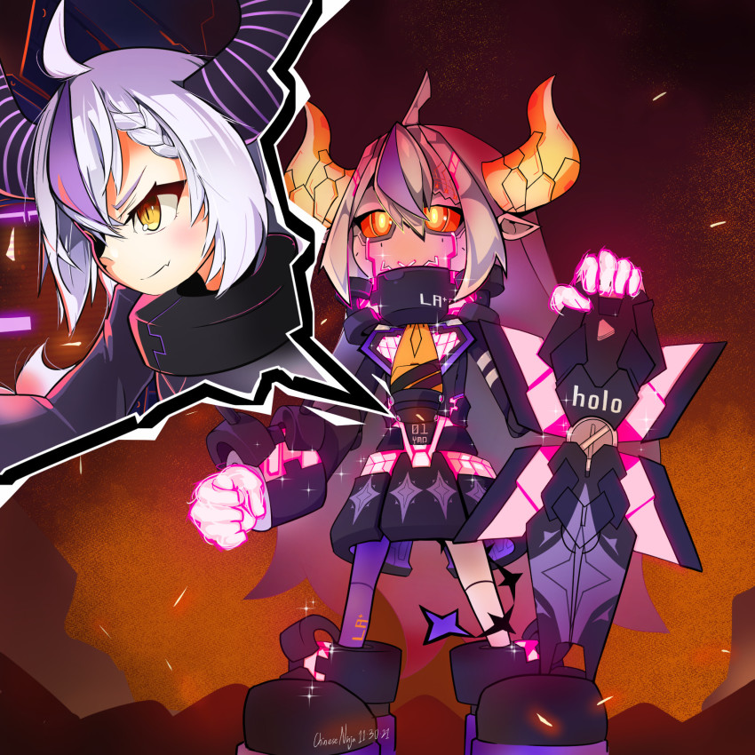 1girl chineseninja clenched_hands commentary cut-in english_commentary glowing glowing_hand grey_hair gundam gundam_unicorn hair_behind_ear highres holding holding_shield hololive horns la+_darknesss mecha mechanization multicolored_hair nt-d orange_eyes pointy_ears purple_hair revision robot shield streaked_hair virtual_youtuber