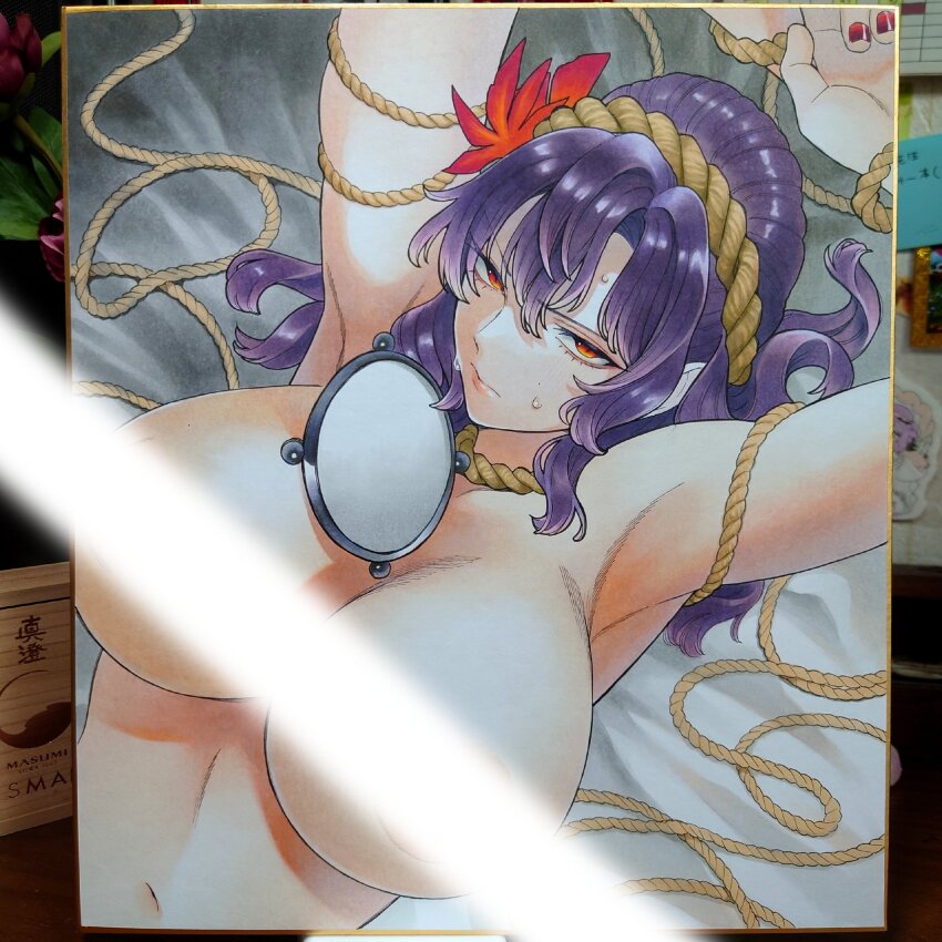 1girl absurdres armpits arms_up breasts closed_mouth completely_nude fingernails frown grey_background hair_ornament highres large_breasts leaf_hair_ornament light_censor looking_at_viewer lying medium_hair nude on_back orange_eyes purple_hair red_nails rope shikishi shimenawa solo touhou upper_body whoru yasaka_kanako