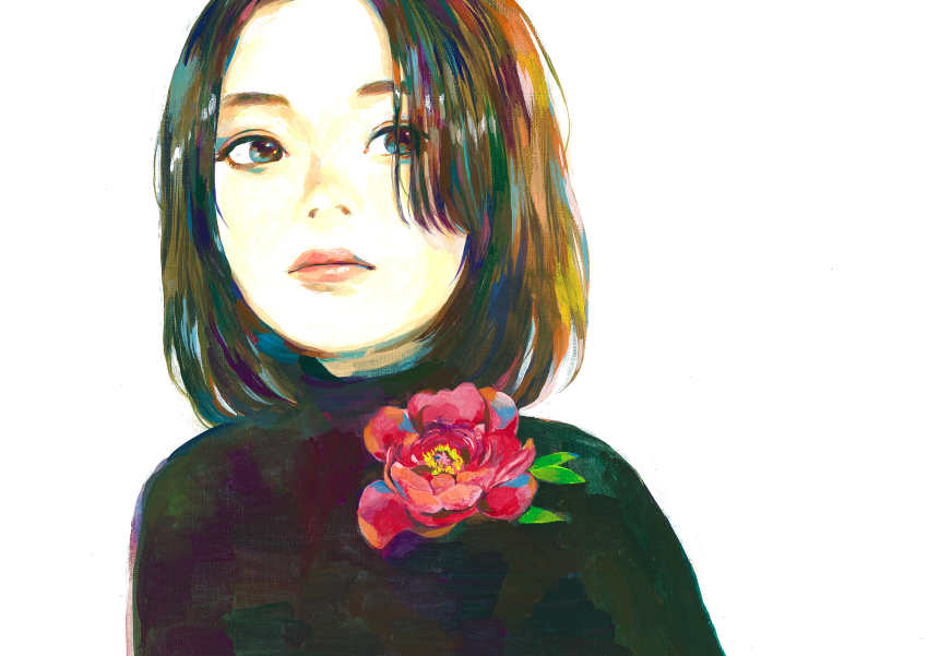 1girl absurdres acrylic_paint_(medium) brown_eyes brown_hair flower highres junjunforever lips looking_to_the_side multicolored_eyes multicolored_hair original painting_(medium) parted_bangs portrait short_hair simple_background solo traditional_media turtleneck white_background