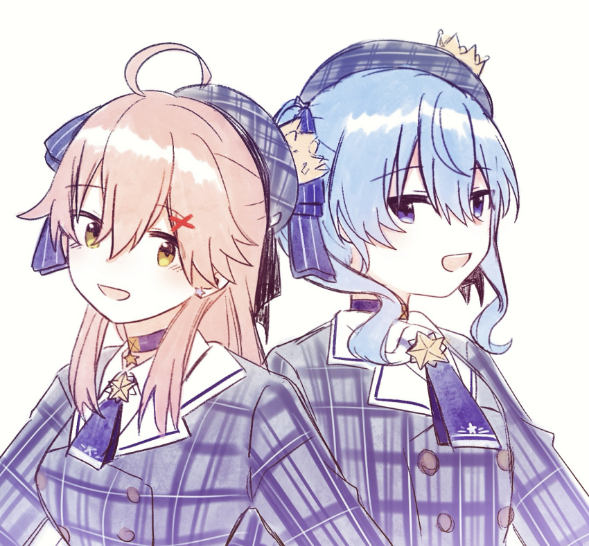 2girls blue_choker blue_dress blue_hair blue_hat blush choker commentary dress hat highres hololive hoshimachi_suisei long_hair looking_at_viewer multiple_girls open_mouth pink_hair plaid_clothes plaid_dress plaid_hat purple_eyes sakura_miko simple_background smile star_(symbol) star_in_eye symbol_in_eye upper_body virtual_youtuber white_background yellow_eyes yumi5469