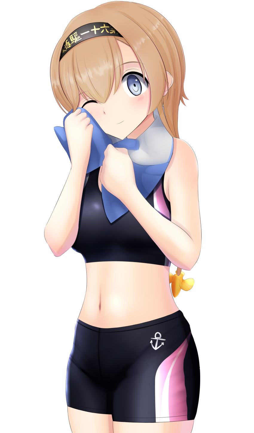 absurdres anchor_symbol bike_shorts blue_eyes braid hachimaki hair_ornament headband highres kantai_collection light_brown_hair navel nokonoko one_eye_closed propeller_hair_ornament smile solo sportswear teruzuki_(kancolle) towel twin_braids