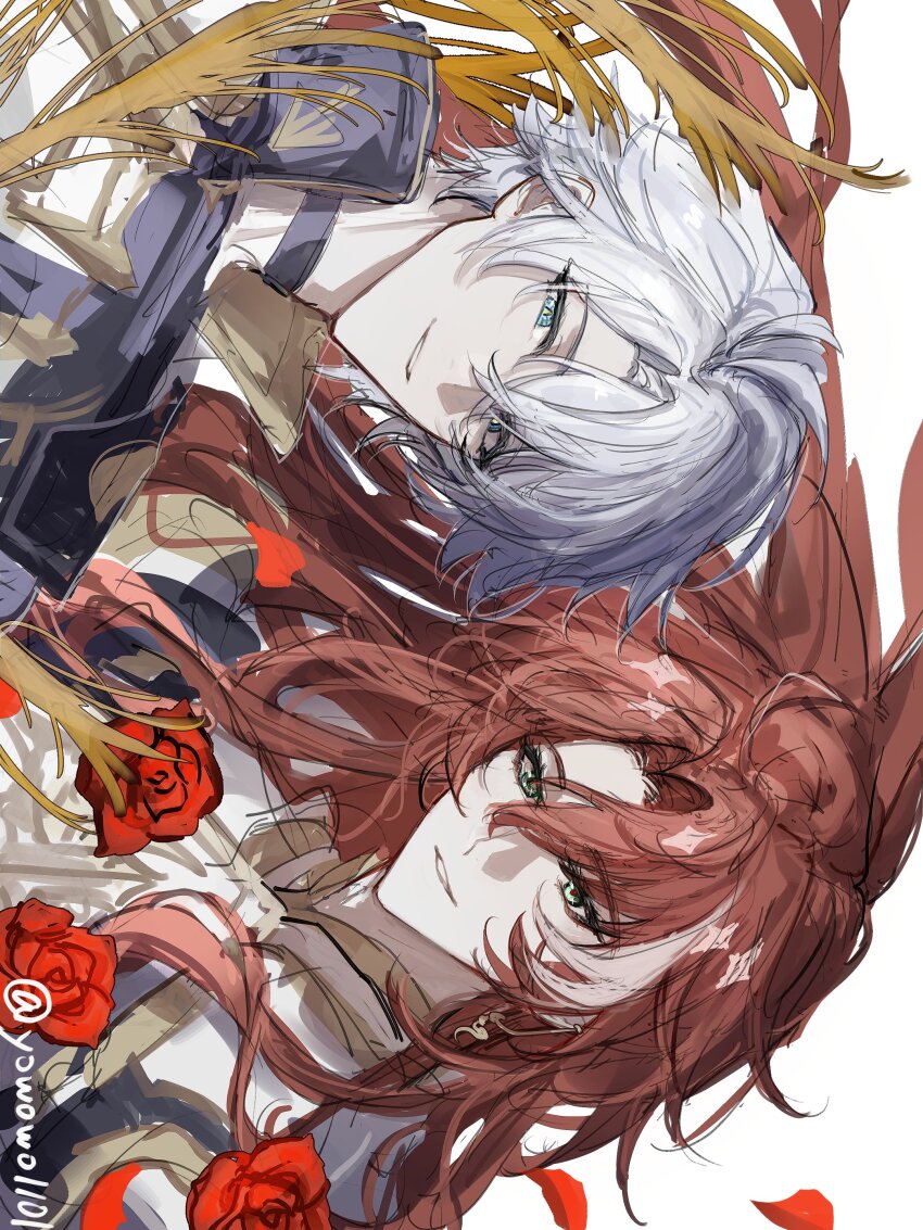 2boys absurdres antenna_hair argenti_(honkai:_star_rail) armor black_choker black_shirt blue_eyes breastplate choker coat falling_petals floating_hair flower green_eyes highres honkai:_star_rail honkai_(series) long_hair male_focus multicolored_hair multiple_boys parted_bangs petals phainon_(honkai:_star_rail) red_flower red_hair red_rose rose shirt short_hair sideways simple_background streaked_hair white_background white_coat white_hair yowowo1101
