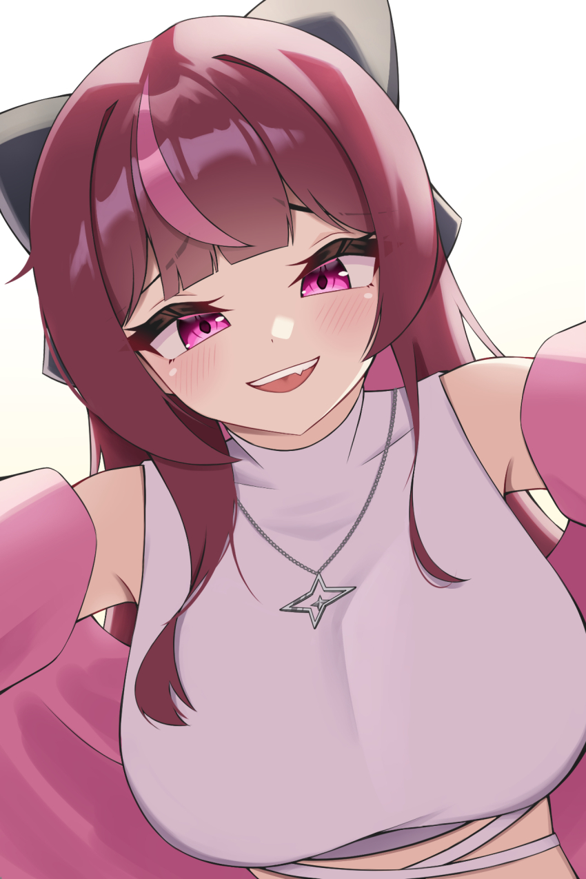1girl bare_shoulders bow breasts cleavage commentary crop_top hair_bow highres jewelry jururu large_breasts long_hair looking_at_viewer midriff multicolored_hair necklace off_shoulder open_mouth outstretched_arms pink_eyes puleudingding purple_hair see-through_cleavage see-through_clothes shirt simple_background sleeveless sleeveless_shirt smile solo streaked_hair symbol-only_commentary upper_body virtual_youtuber waktaverse white_background white_shirt