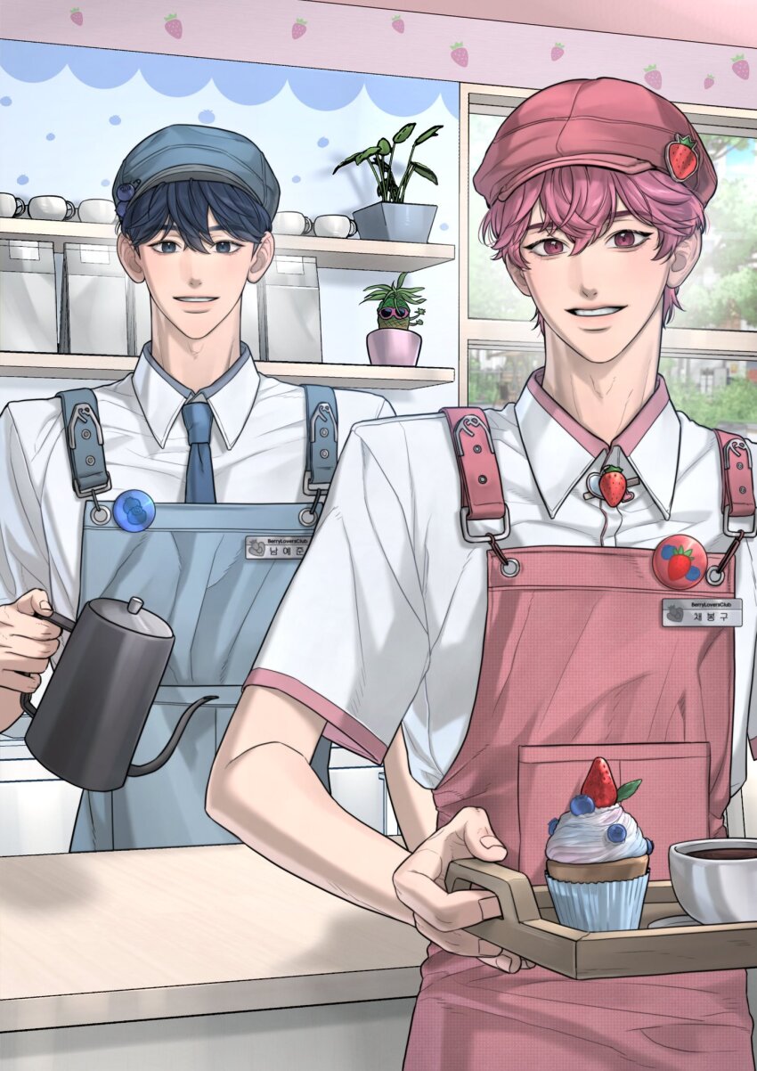 2boys an_sso_o apron bamby_(plave) blue_apron blue_hair blue_hat blue_necktie cupcake electric_kettle food hair_between_eyes hat highres holding holding_kettle holding_tray k-pop kettle looking_at_viewer male_focus multiple_boys necktie parted_lips pink_apron pink_hair pink_hat plave shirt short_hair short_sleeves smile strawberry_hat_ornament tray white_shirt yejun_(plave)