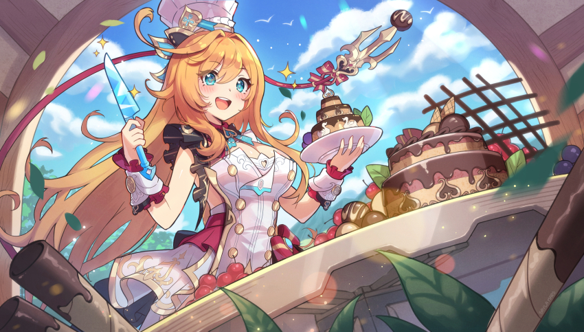 1girl aqua_eyes blonde_hair blue_sky blush bow breasts cake chef_hat chocolate_cake cleavage cloud commentary cowlick day dessert dress english_commentary escoffier_(genshin_impact) falling_leaves floating_hair food fruit genshin_impact gold_trim hair_between_eyes hand_up hat heart heart_in_eye highres holding holding_cake holding_food holding_knife holding_plate knife large_breasts leaf lens_flare light_particles long_hair looking_ahead open_mouth plant plate saylamars sidelocks sky smile solo sparkle sweets symbol_in_eye table tail tail_bow tail_ornament very_long_hair white_dress wrist_cuffs