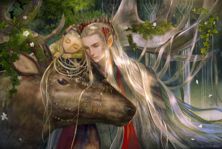 2boys blonde_hair elf elk family father_and_son forest highres king legolas long_hair middle_earth multiple_boys nature pointy_ears prince thranduil aged_down