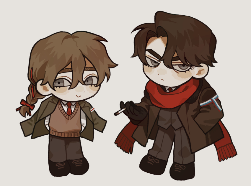 2boys :&gt; :&lt; arms_behind_back belarus_(saboten92) black_pants braid brown_hair brown_sweater_vest chibi cigarette closed_mouth coat coat_on_shoulders collared_shirt full_body green_coat grey_eyes grey_vest long_hair male_focus multiple_boys necktie original pants parted_bangs personification red_necktie red_scarf russia_(saboten92) saboten92 scarf shirt smile sweater_vest vest white_shirt