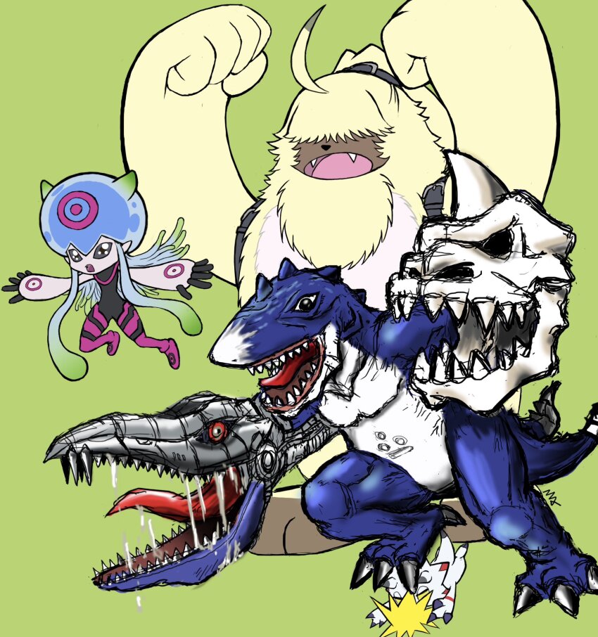 angoramon deltamon digimon digimon_(creature) digimon_ghost_game dinosaur gammamon highres jellymon jumping mas_square rabbit tentacles triceratops