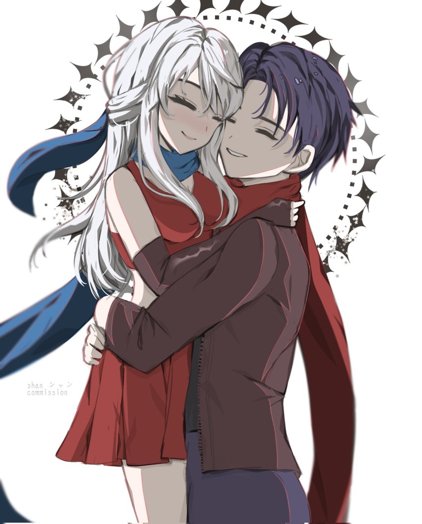 1boy 1girl adapted_costume alternate_costume artist_name bare_shoulders black_gloves blue_hair blue_scarf carrying closed_eyes commission couple diamond_(shape) dress elbow_gloves fingerless_gloves fire_emblem fire_emblem:_radiant_dawn gloves grey_hair hair_ribbon half_updo hetero highres hug long_hair long_sleeves mariirasuto7 micaiah_(fire_emblem) nintendo red_dress red_scarf ribbon scarf short_dress sleeveless sleeveless_dress smile star_(symbol) upper_body zelgius_(fire_emblem)