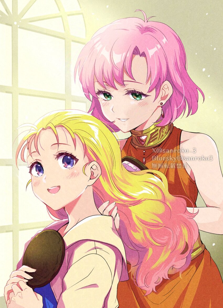 2girls bare_shoulders blonde_hair blue_dress blue_eyes blush brushing_another&#039;s_hair brushing_hair coat cowlick dress earrings final_fantasy final_fantasy_v gold_trim green_eyes hair_brush half-closed_eyes hand_in_another&#039;s_hair highres holding holding_hair_brush holding_mirror jewelry krile_mayer_baldesion_(ff5) lenna_charlotte_tycoon long_hair mirror multiple_girls open_mouth orange_dress parted_lips pink_hair sanroku_3 short_hair sidelocks smile twitter_username upper_body wavy_hair window yellow_coat