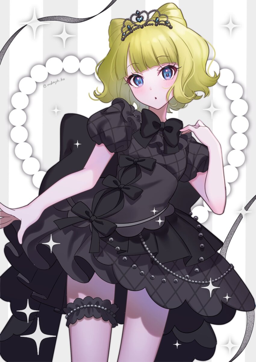 1girl :o black_bow black_dress blonde_hair blue_eyes blunt_bangs blush bow commentary_request cone_hair_bun double_bun dress eyelashes hair_bun highres idol_clothes looking_at_viewer mendamen minami_mirei open_mouth pretty_series pripara puffy_short_sleeves puffy_sleeves short_hair short_sleeves standing tiara