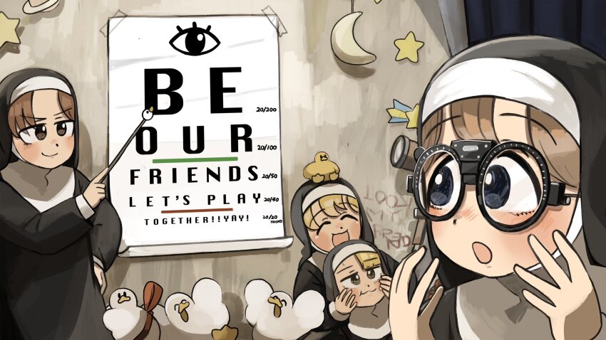 4girls :d :o aged_down baby_animal bird blonde_hair blue_eyes brown_eyes brown_hair chicken closed_eyes clumsy_nun_(diva) commentary diva_(hyxpk) duck duckling english_commentary glasses_nun_(diva) habit highres hungry_nun_(diva) little_nuns_(diva) multiple_girls nun open_mouth pointer round_eyewear smile spicy_nun_(diva) traditional_nun vision_test yellow_eyes