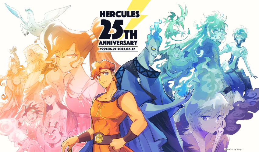 4girls 6+boys absurdres airagency1005 anniversary blue_eyes blue_skin character_request colored_skin disney hades_(disney) hera_(mythology) hercules_(1997_film) hercules_(disney) highres idia_shroud long_hair looking_at_viewer megara_(disney) ms_himematu multiple_boys multiple_girls pain_(disney) panic_(disney) pegasus_(disney) the_little_mermaid_(disney) twisted_wonderland zeus_(mythology)