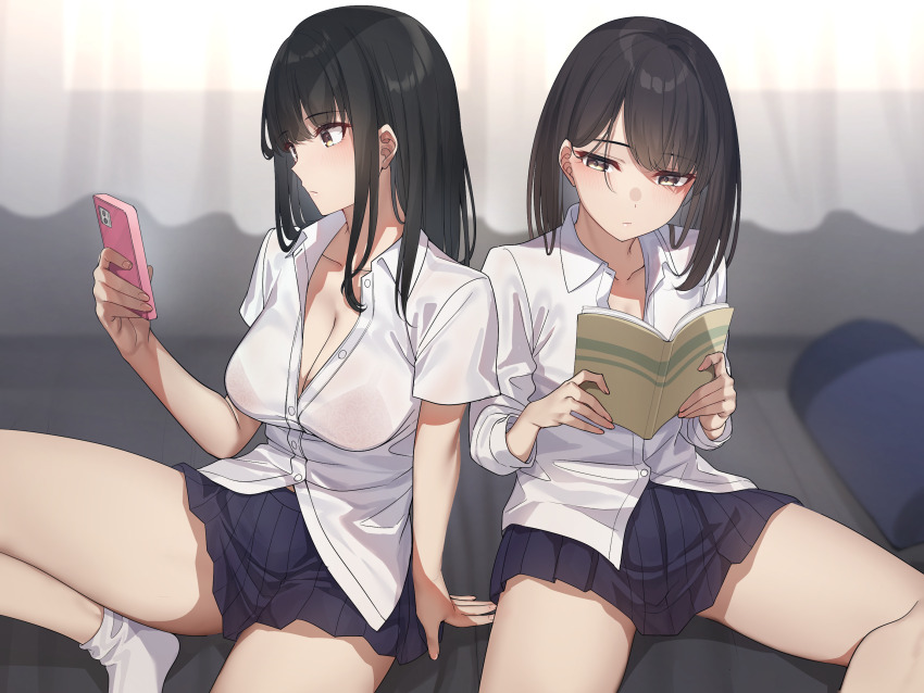 2girls arm_support bed black_eyes black_hair black_skirt book bra bra_visible_through_clothes breasts cellphone cleavage collarbone collared_shirt expressionless go-1 highres holding holding_book holding_phone indoors large_breasts long_hair long_sleeves multiple_girls non-web_source on_bed open_clothes open_shirt original phone red_bra school_uniform shirt short_sleeves sitting skirt smartphone socks spread_legs thighs unbuttoned unbuttoned_shirt underwear white_shirt white_socks