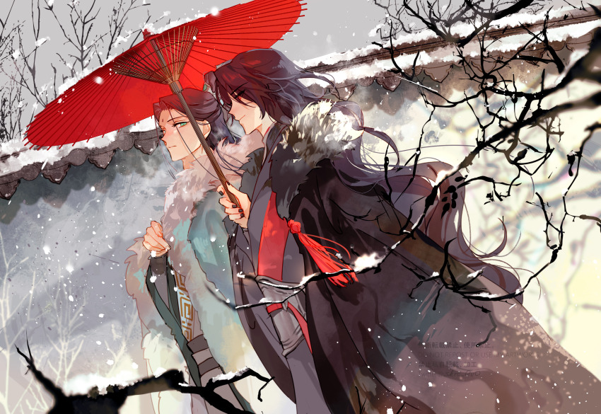 2boys architecture bare_tree bindi black_cloak black_hair black_hanfu blurry blurry_foreground chinese_clothes cloak closed_mouth cloud cloudy_sky commentary_request curtained_hair day dutch_angle east_asian_architecture facial_mark forehead_mark fur-trimmed_cloak fur_trim green_cloak green_hair half_updo hanfu highres holding holding_umbrella light_particles long_hair long_sleeves looking_at_another luo_binghe male_focus multiple_boys outdoors parasol parted_hair red_eyes renzha_fanpai_zijiu_xitong sakuramochi1003 shadow shen_qingqiu sky snow snowing tree umbrella upper_body watermark wavy_hair white_hanfu wide_sleeves xiao_guan_(headdress)