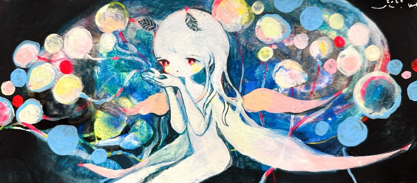 1girl absurdres arthropod_girl colored_skin cupping_hands dated hands_up highres insect_girl long_hair looking_at_viewer moth_antennae moth_girl original own_hands_together painting_(medium) red_eyes si-ku signature sitting solo traditional_media white_hair white_skin wings