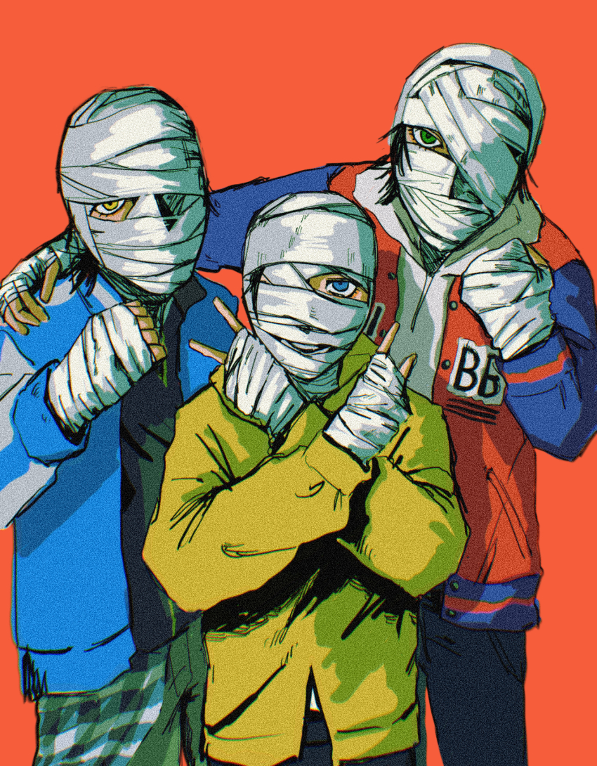 3boys arm_around_shoulder bandage_on_face bandage_over_one_eye bandaged_hand bandaged_head bandages black_hair blue_eyes brothers bukkorogasanai buster_bros!!! clothes_around_waist cowboy_shot denim double_v film_grain green_eyes highres hood hoodie hypnosis_mic jacket jacket_over_hoodie jeans letterman_jacket male_focus multiple_boys pants red_background shirt shirt_around_waist siblings simple_background sukajan v white_hoodie yamada_ichiro yamada_jiro yamada_saburo yellow_eyes yellow_hoodie