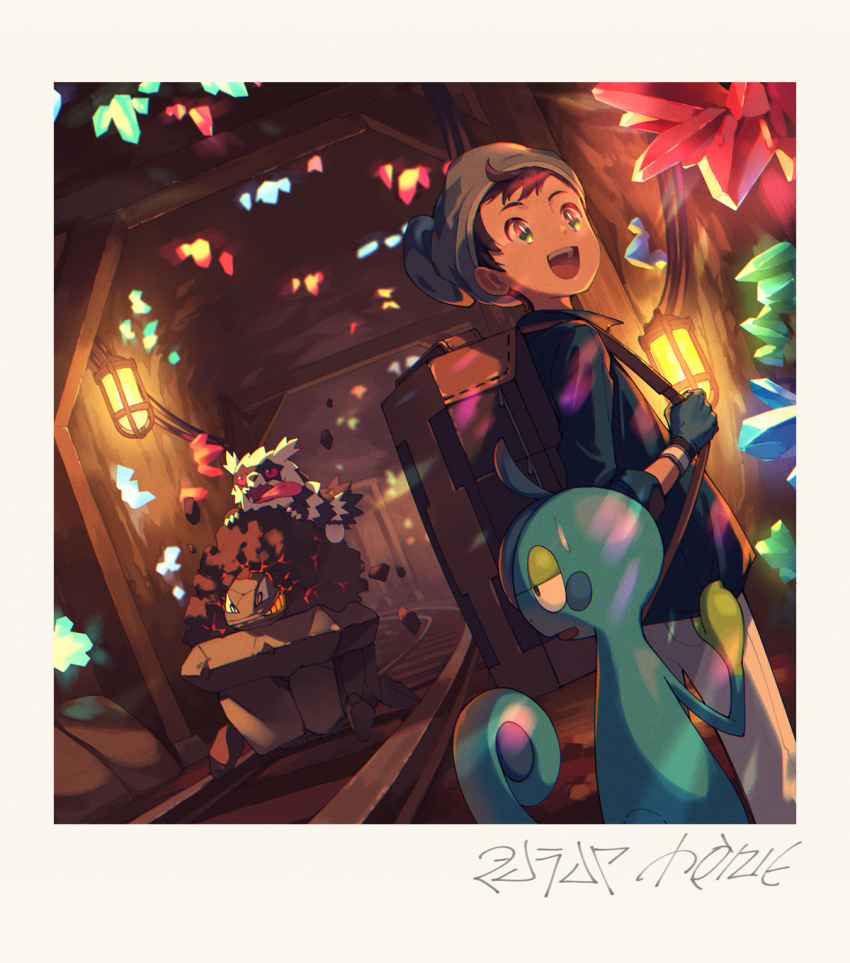 1boy :d backpack bag beanie blue_eyes blue_gloves blue_shirt border brown_bag brown_hair carkol cave cocodar commentary_request crystal drizzile galarian_form galarian_zigzagoon gen_8_pokemon gloves grey_headwear grin hand_up hat highres lantern long_sleeves looking_at_another looking_to_the_side minecart mineshaft nintendo open_mouth pants pokemon pokemon_(creature) pokemon_swsh red_eyes riding shirt short_hair smile standing sweatdrop teeth tongue tongue_out upper_teeth_only v-shaped_eyebrows victor_(pokemon) white_border white_pants