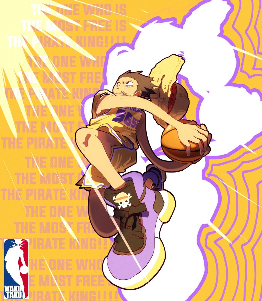 1boy ball basketball_uniform black_hair commentary full_body hat highres holding holding_ball jolly_roger los_angeles_lakers male_focus monkey_d._luffy one_piece scar scar_on_face shadow shoes short_hair sneakers solo sportswear straw_hat straw_hats_jolly_roger taku_(aywakutakuay)