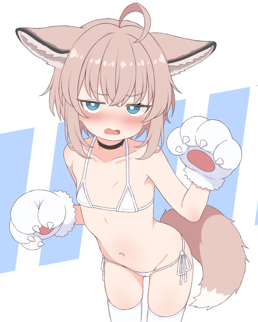 absurdres ahoge animal_ear_fluff animal_ears animal_hands arknights arms_up bikini blue_eyes blush breasts brown_hair choker commission embarrassed fox_ears fox_girl fox_tail gloves highres loli navel open_mouth paw_gloves pixiv_commission short_hair side-tie_bikini_bottom small_breasts stomach sussurro_(arknights) swimsuit tail thighhighs thighs tooteki white_bikini white_gloves white_thighhighs