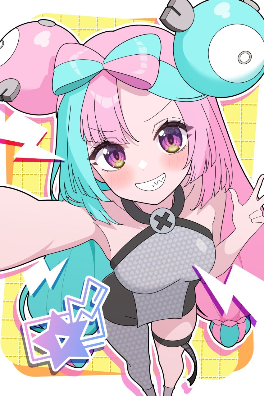 1girl blue_hair boots bow-shaped_hair breasts character_hair_ornament fake_hair_bun from_above grey_boots grey_pantyhose hair_ornament halter_shirt halterneck hexagon_print highres iono_(pokemon) long_hair low-tied_long_hair medium_breasts multicolored_hair nintendo odorukaminoke pantyhose pink_hair pokemon pokemon_sv sharp_teeth single_leg_pantyhose smile solo split-color_hair teeth x