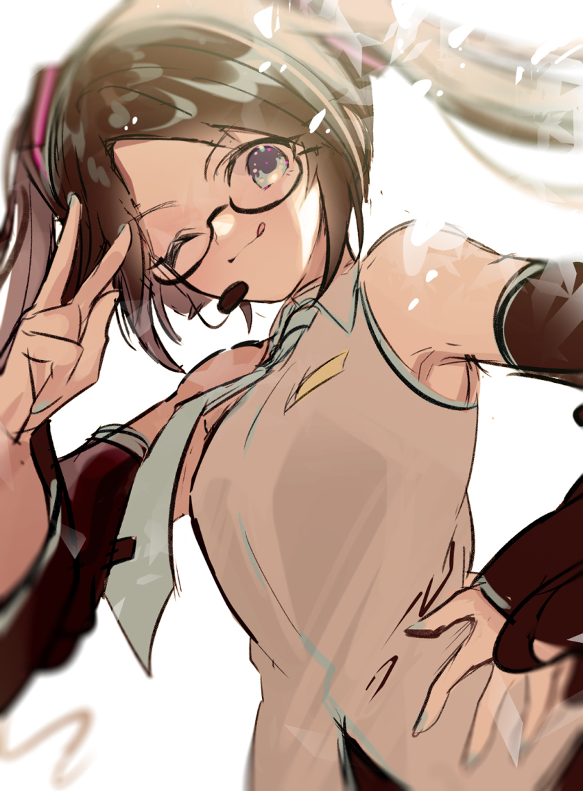 1girl armpits bare_shoulders black_hair blue_eyes cosplay detached_sleeves glasses hand_on_own_hip hand_up hatsune_miku hatsune_miku_(cosplay) headset highres idolmaster idolmaster_shiny_colors long_hair mitsumine_yuika necktie nihakusanren official_cosplay one_eye_closed smile solo tongue tongue_out twintails v vocaloid