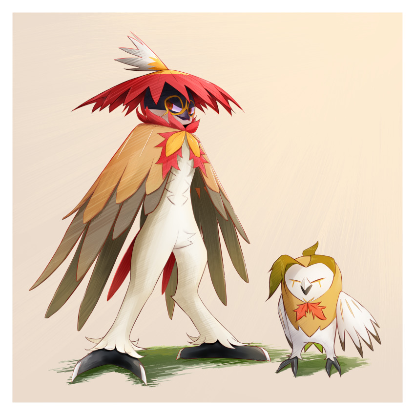absurdres alternate_form beak bird brown_eyes claws dartrix decidueye evolutionary_line feathers gen_7_pokemon hat highres hisuian_decidueye jcstr looking_at_viewer nintendo no_humans pokemon pokemon_(creature) standing talons wings