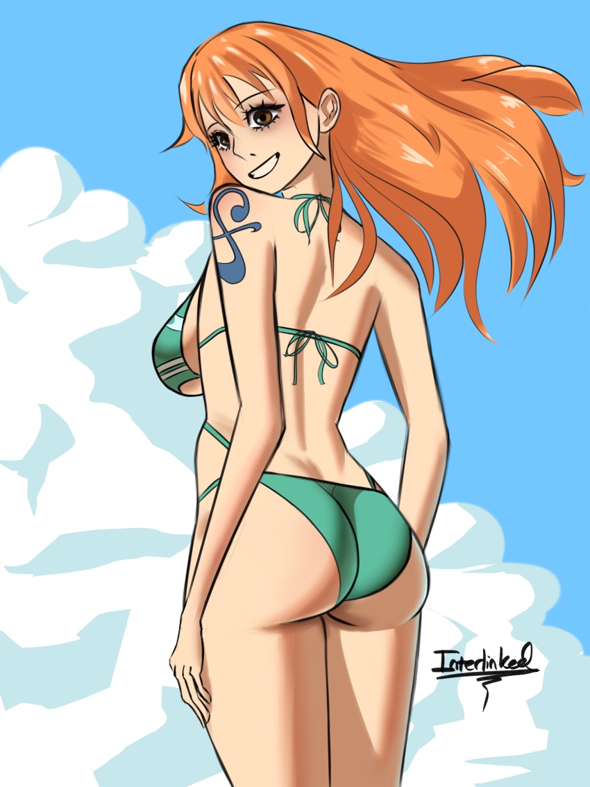 1girl 2025 adapted_costume artist_name ass back-tie_bikini bikini blue_sky breasts brown_eyes cloud green_bikini grin interlinkedart large_breasts long_hair nami_(one_piece) nami_(one_piece)_(return_to_sabaody) one_piece orange_hair sky smile striped_bikini striped_clothes swimsuit