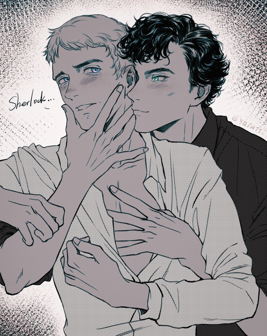 2boys aqua_eyes blue_eyes blush chinese_commentary closed_mouth collared_shirt commentary_request hand_on_another&#039;s_cheek hand_on_another&#039;s_face highres john_hamish_watson kaze_(yznyttdgs) long_sleeves male_focus monochrome multiple_boys partially_unbuttoned sherlock_(bbc) sherlock_holmes_(sherlock) shirt short_hair smile spot_color yaoi