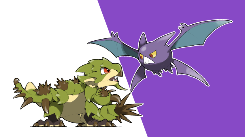 animal_focus blacknirrow claws colored_sclera creatures_(company) crobat crossover fangs flying game_freak gen_2_pokemon highres monster monster_hunter_(series) nintendo no_humans open_mouth outline pokemon pokemon_(creature) purple_background rathian red_eyes simple_background teeth two-tone_background white_background white_outline yellow_sclera