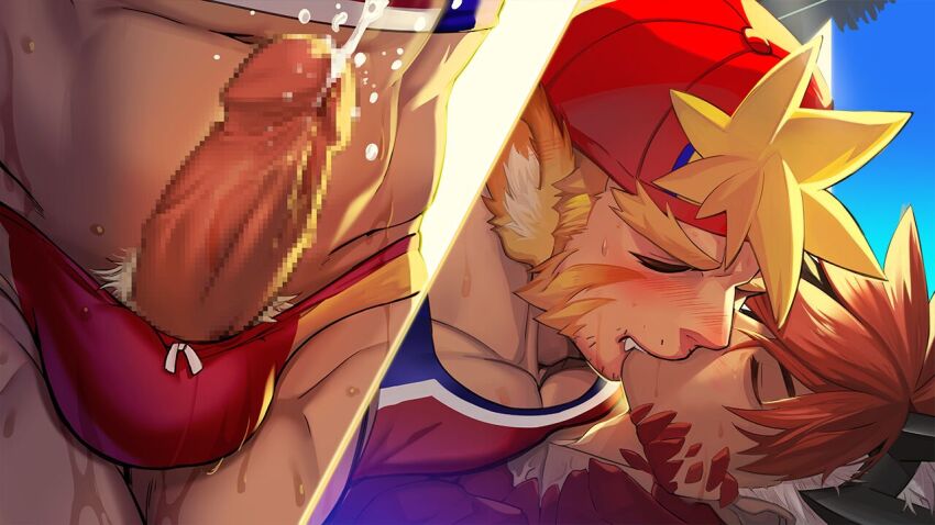 2boys animal_ears another_eidos-r backwards_hat bad_source bara baseball_cap black_hair blonde_hair blush censored closed_eyes cum dragon_boy ejaculation erection gaia_(another_eidos) hat kiss large_pectorals looking_at_another lying male_focus male_swimwear male_swimwear_pull mosaic_censoring multicolored_hair multiple_boys muscular muscular_male official_art on_back pectorals penis pugi_(another_eidos) red_hair red_male_swimwear red_swim_briefs red_tank_top short_hair swim_briefs swim_briefs_pull swimsuit tail tank_top thick_eyebrows tiger_boy tiger_ears tiger_tail waku_(ayamix) yaoi