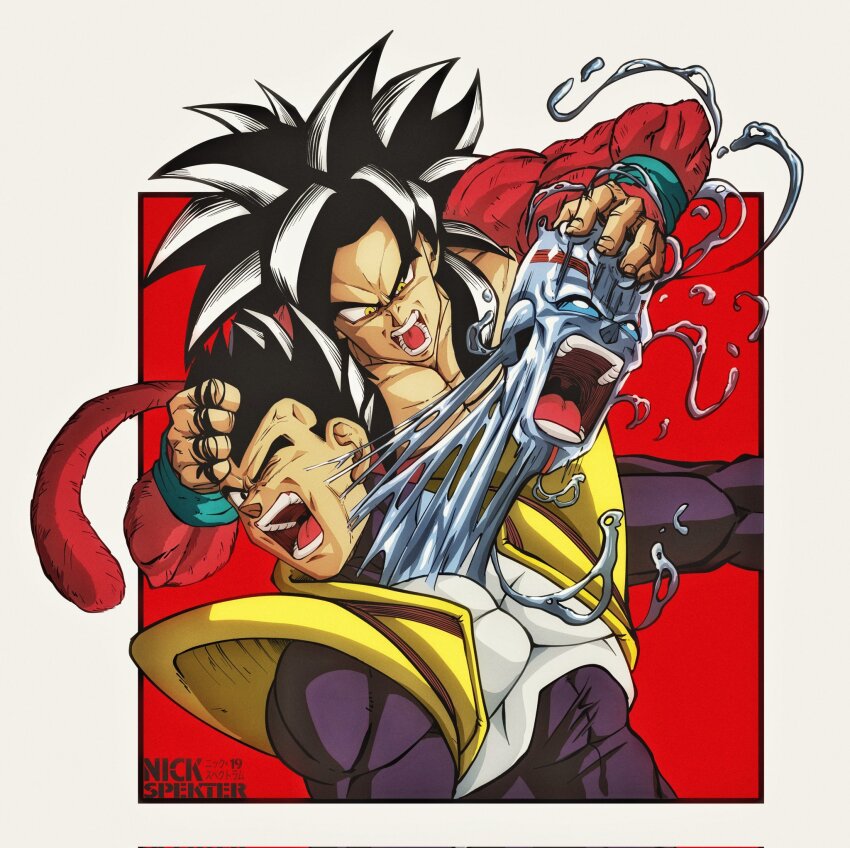 baby_(dragon_ball) baby_vegeta biceps black_hair blue_eyes body_fur bodysuit dragon_ball dragon_ball_gt highres long_hair male_focus monkey_boy monkey_tail multiple_boys muscular muscular_male nickelespektro no_nipples open_mouth pants pectorals possessed red_fur saiyan son_goku spiked_hair super_saiyan super_saiyan_4 tail vegeta veiny_face yellow_pants