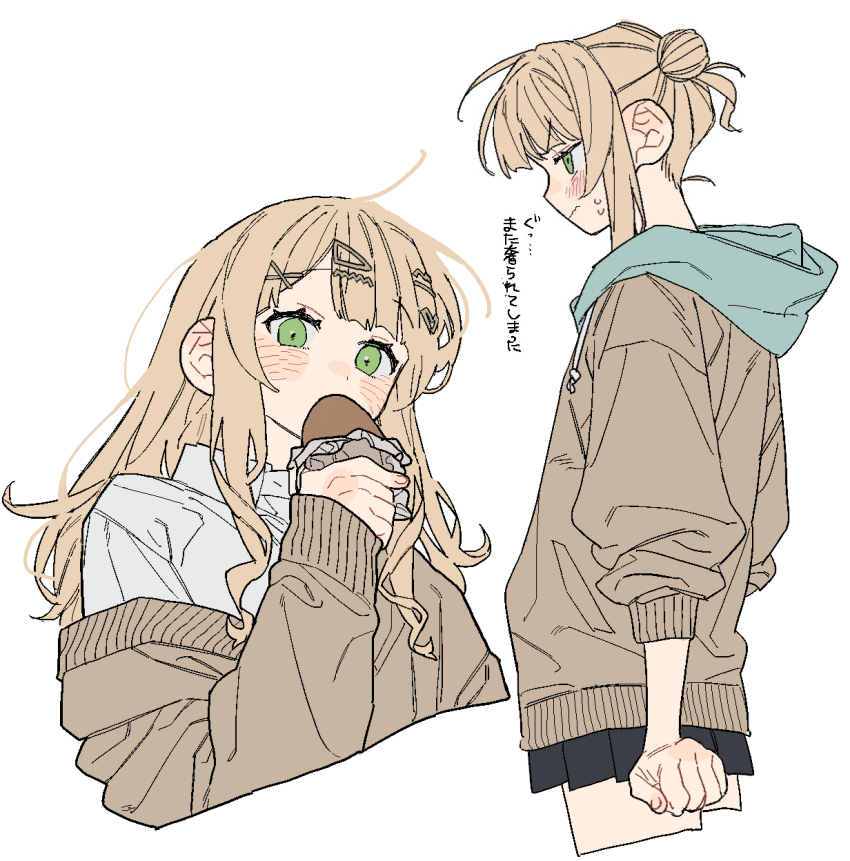 1girl bad_id bad_pixiv_id black_skirt blush brown_jacket closed_mouth dayama eating flat_color food hair_bun hair_ornament hairclip highres holding holding_food jacket kaburaki_roco long_hair multiple_views nervous_sweating nijisanji shirt sidelocks simple_background skirt solo standing sweat translation_request upper_body virtual_youtuber white_background white_shirt
