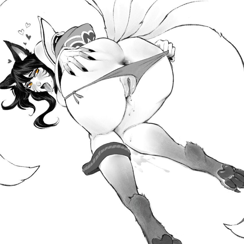1girl :o :p ahri_(league_of_legends) animal_ears anus ass blush fingernails fox_ears fox_girl fox_tail green_(greeniris) heart highres kitsune kyuubi league_of_legends long_hair multiple_tails nail_polish orange_eyes panties pussy sharp_fingernails solo spread_ass tail tongue tongue_out top-down_bottom-up underwear