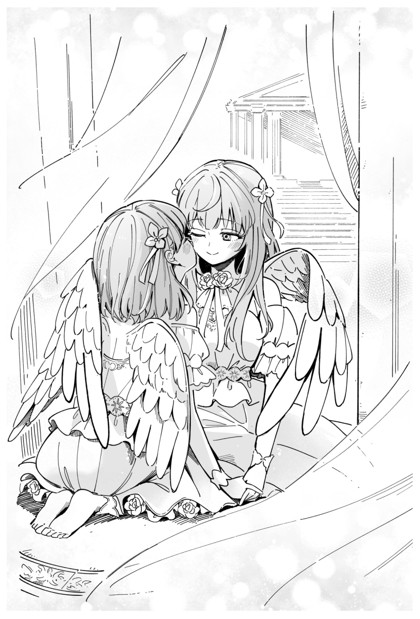 2girls ;) angel angel_wings back_cutout blush border cerise_bouquet closed_mouth clothing_cutout commentary_request flower greyscale hair_flower hair_ornament heaven highres hinoshita_akame hinoshita_kaho link!_like!_love_live! long_skirt looking_at_another love_live! medium_hair monochrome multiple_girls off-shoulder_shirt off_shoulder one_eye_closed otomune_kozue seiza shirt sitting skirt smile virtual_youtuber white_border wings yokozuwari yuri