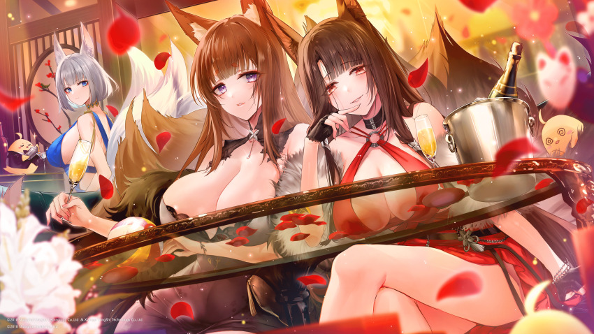 absurdres akagi_(azur_lane) akagi_(ruby-laced_beauty)_(azur_lane) alcohol amagi_(azur_lane) amagi_(red_kite_respite)_(azur_lane) animal_ear_fluff animal_ears azur_lane bare_arms bare_shoulders black_choker black_dress black_gloves black_hair blue_dress blue_eyes blunt_bangs blunt_ends breasts champagne choker closed_mouth crossed_legs cup dress fingerless_gloves fox_ears fox_tail fur_shawl gloves grin highres holding holding_cup huge_breasts kaga_(azur_lane) kaga_(exalted_white_wings)_(azur_lane) long_hair manjuu_(azur_lane) matori_(penguin_batake) medium_hair multiple_tails official_alternate_costume parted_lips pink_eyes red_dress shawl sidelocks sitting smile tail white_hair