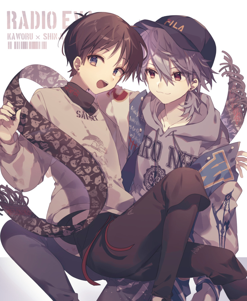 2boys alternate_costume arm_around_back baseball_cap black_pants black_scarf blue_eyes blue_headwear brown_hair character_name clothes_writing collarbone denim drawstring feet_out_of_frame fila grey_hair grey_hoodie hair_between_eyes hat highres hood hood_down hoodie ikari_shinji jacket jeans letterman_jacket long_sleeves looking_at_another looking_at_viewer male_focus multiple_boys nagisa_kaworu neon_genesis_evangelion open_mouth pants print_scarf rebuild_of_evangelion red_eyes scarf shirasunuko sitting sitting_on_lap sitting_on_person smile spear_of_gaius sweater