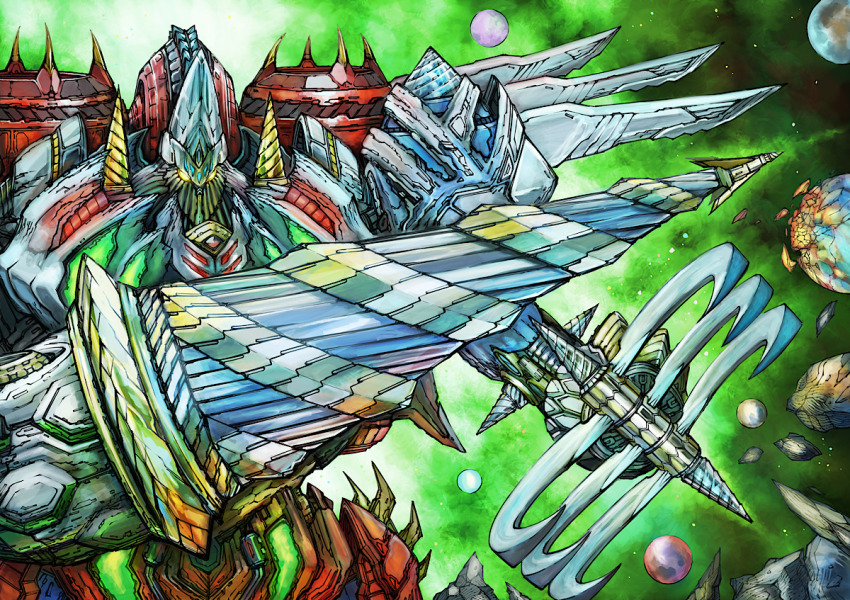 drill gattai getter_kirik getter_robo getter_robo_arc ishikawa_ken_(character) ishikawa_ken_(style) looking_at_viewer mecha mecha_focus no_humans pincers robot science_fiction spikes super_robot weapon yamanushi