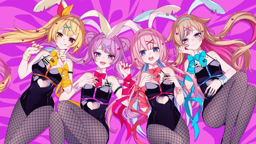 4girls :p absurdres black_leotard blonde_hair blue_eyes blue_nails bow bowtie card clothing_cutout cuffs cutout_above_navel detached_collar double_bun fishnet_pantyhose fishnets hair_bun hair_ornament hairband handcuffs heart_cutout heterochromia highres himehina_channel hoshikawa_sara leotard long_hair multicolored_hair multiple_girls nail_polish nijisanji object_in_bra pantyhose pink_eyes pink_hair pink_nails playboy_bunny playing_card purple_eyes rabbit_hole_(vocaloid) red_eyes red_nails ribbon side_ponytail smile streaked_hair suo_sango suzuki_hina tanaka_hime tongue tongue_out two-tone_hair virtual_youtuber x_hair_ornament yanagida_shiina yellow_eyes