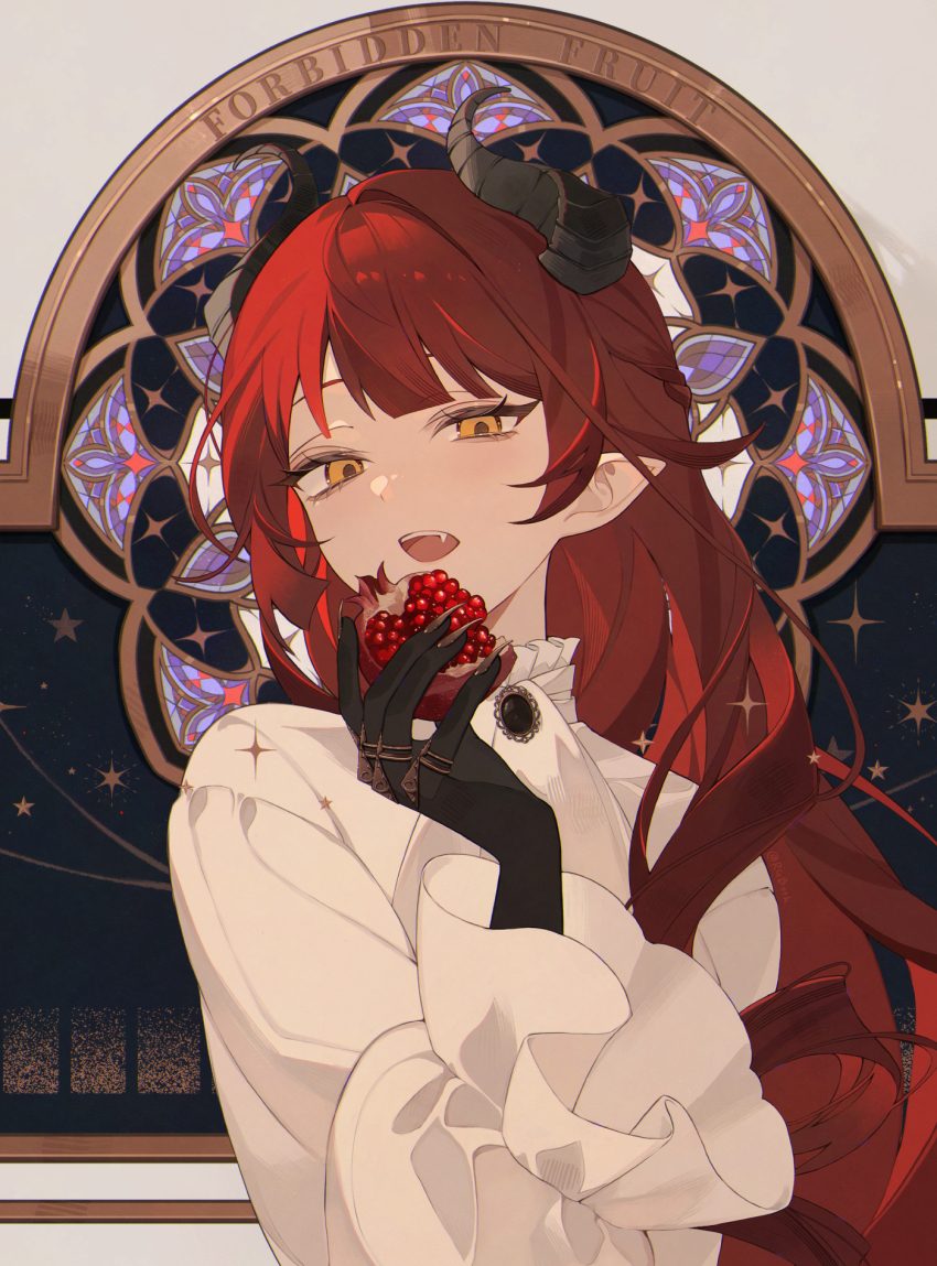1girl abstract_background ascot black_skin brown_neckerchief colored_skin fang fingernails food fruit highres holding holding_food horns jewelry long_fingernails long_hair long_sleeves looking_at_viewer multiple_rings neckerchief open_mouth orange_eyes original pointy_ears pomegranate red_hair ring satsuki_(miicat) shirt solo upper_body very_long_hair white_ascot white_shirt wide_sleeves