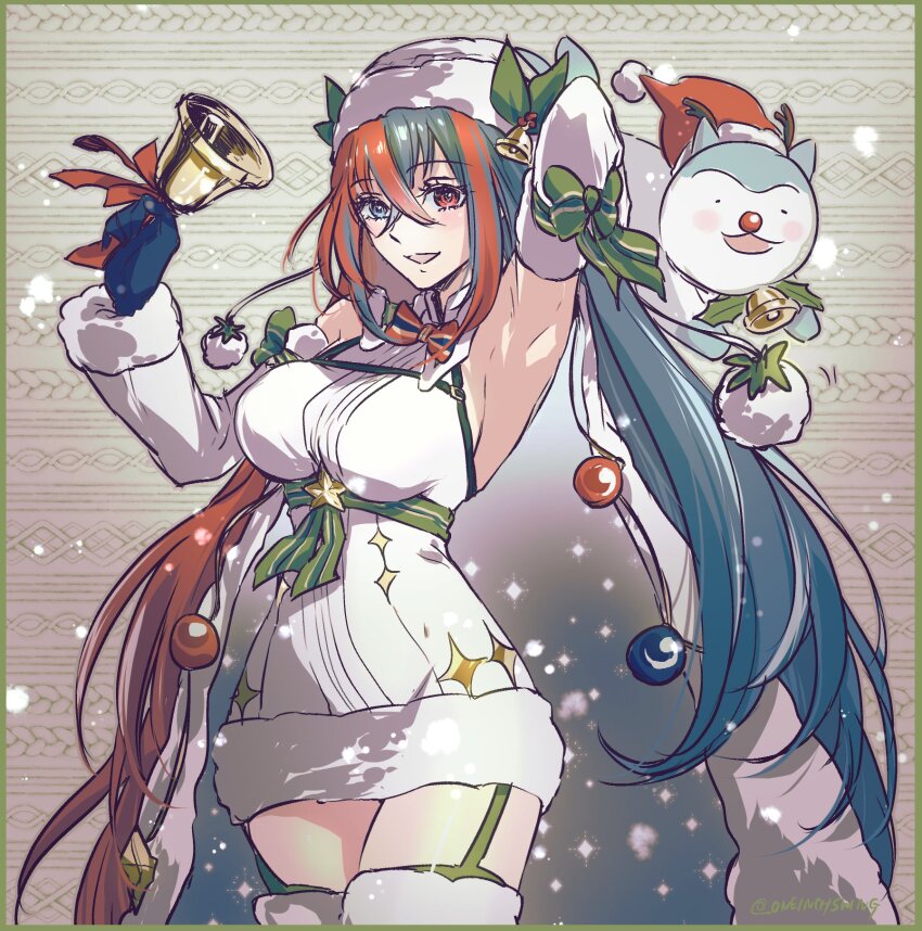1girl female_alear_(fire_emblem) female_alear_(gifted_dragons)_(fire_emblem) antlers armpits blue_eyes blue_gloves blue_hair breasts cape christmas commentary creature crossed_bangs deer_antlers detached_sleeves dress english_commentary fake_antlers fire_emblem fire_emblem_engage fire_emblem_heroes fur-trimmed_headwear fur_trim gloves hair_between_eyes hat heterochromia highres horns large_breasts long_hair looking_at_viewer multicolored_hair nintendo official_alternate_costume open_mouth red_eyes red_hair red_hat santa_hat smile sommie_(fire_emblem) split-color_hair strapless strapless_dress twitter_username two-tone_hair umi_(_oneinchswing) very_long_hair white_cape white_dress