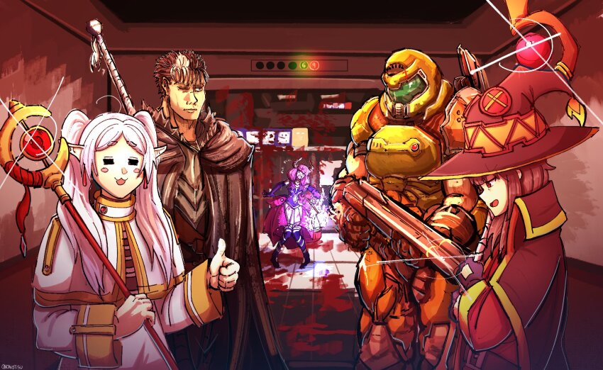 2boys 3girls 69_(meme) =_= armor assault_visor aura_(sousou_no_frieren) aura_bullying_(meme) berserk black_armor black_cape blood blood_on_ground blood_on_wall cape capelet commentary doom_(2016) doom_(series) doomguy double-barreled_shotgun dress earrings elevator elf frieren green_armor gun guts_(berserk) hat highres holding holding_gun holding_staff holding_weapon jewelry kono_subarashii_sekai_ni_shukufuku_wo! long_hair mage_staff mark_of_the_doom_slayer megumin meme multiple_boys multiple_girls no_russian_(meme) ononotsu parted_bangs pointy_ears praetor_suit red_dress red_eyes scar scar_on_face scar_on_nose shirt shotgun sousou_no_frieren staff striped_clothes striped_shirt teardrop_earrings thumbs_up twintails weapon white_capelet white_hair witch_hat